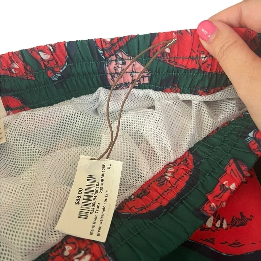NWT Pink Chicken Blue Rooster Men’s Watermelon Puzzle Swim Trunks in size XL